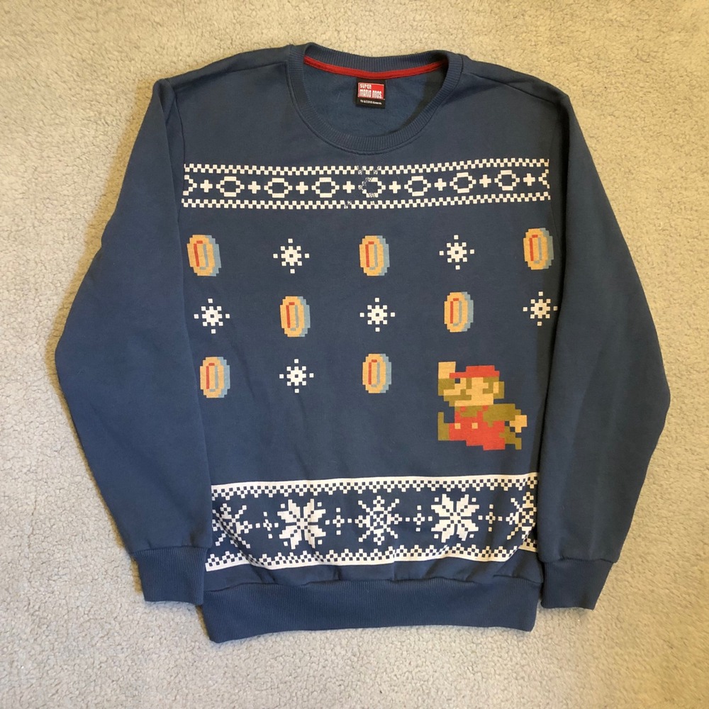 Nintendo Super Mario Bros Blue Crewneck Sweatshirt Ugly Christmas Sweater Large